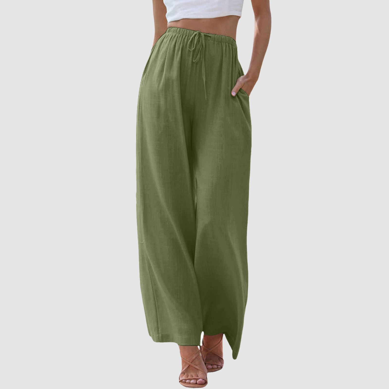 thumbnail image 2 of Pantalones de cintura alta y pierna ancha para mujer - Elástico con cordón, pierna recta cómoda, con bolsillos, 2 of 7